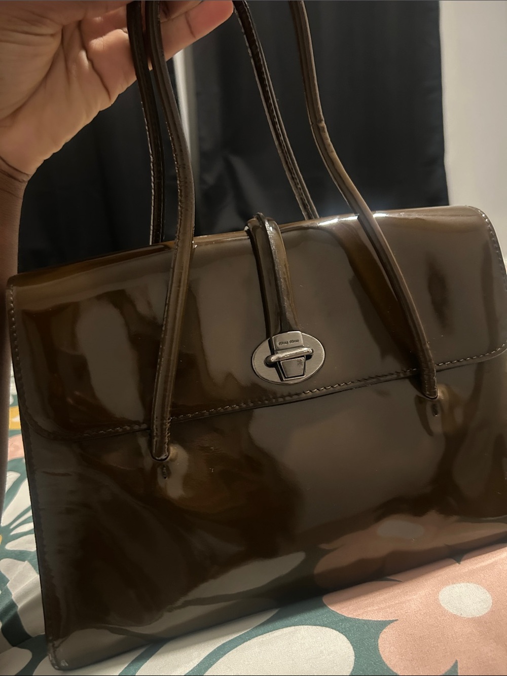 90’s vintage Green Brown Patent Leather Satchel Handbag by Mui Mui